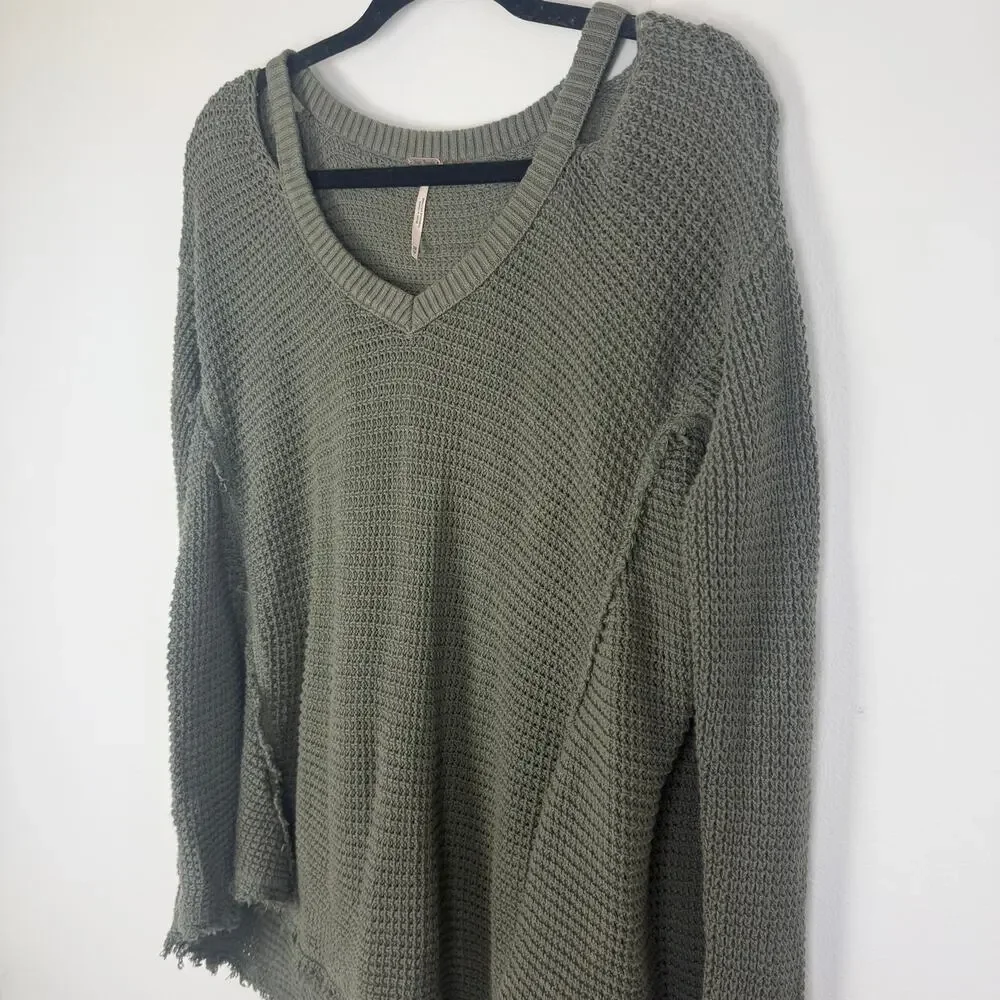 Free People Womens Moonshine Cold Shoulder Hi-Lo V-Neck Olive Green Sweater XS
